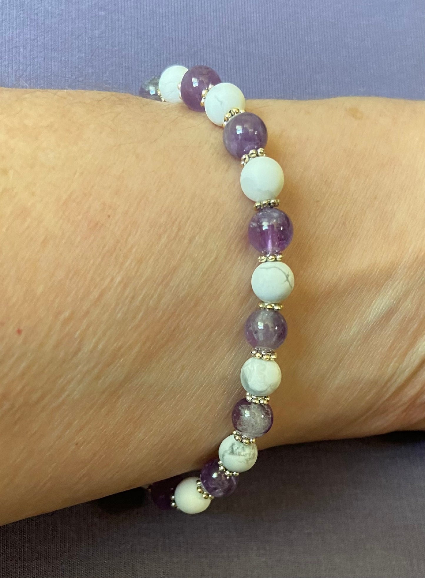 Amethyst and Howlite Bracelet, handmade 6mm genuine gemstone stretch beaded bracelet for spiritual healing and protection