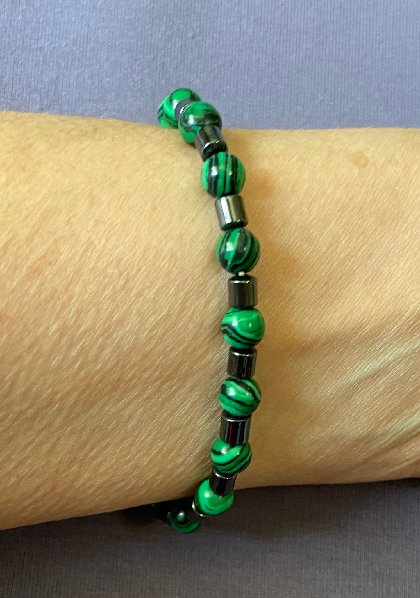 Malachite and Hematite Bracelet, handmade 6mm genuine gemstone stretch beaded bracelet for spiritual healing and protection