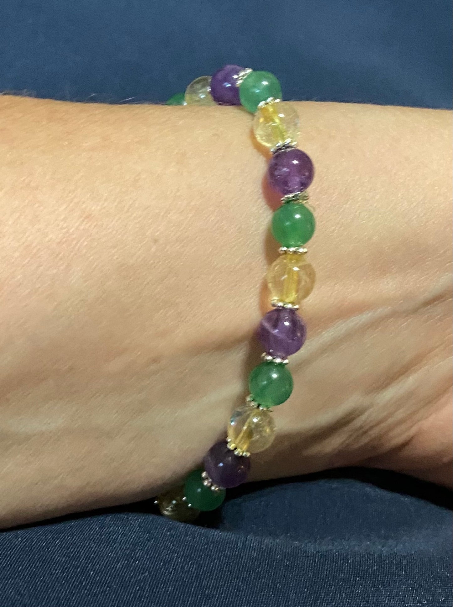 Mardi Gras Amethyst Citrine Green Aventurine Bracelet, handmade 6mm genuine gemstone stretch beaded bracelet spiritual healing protection