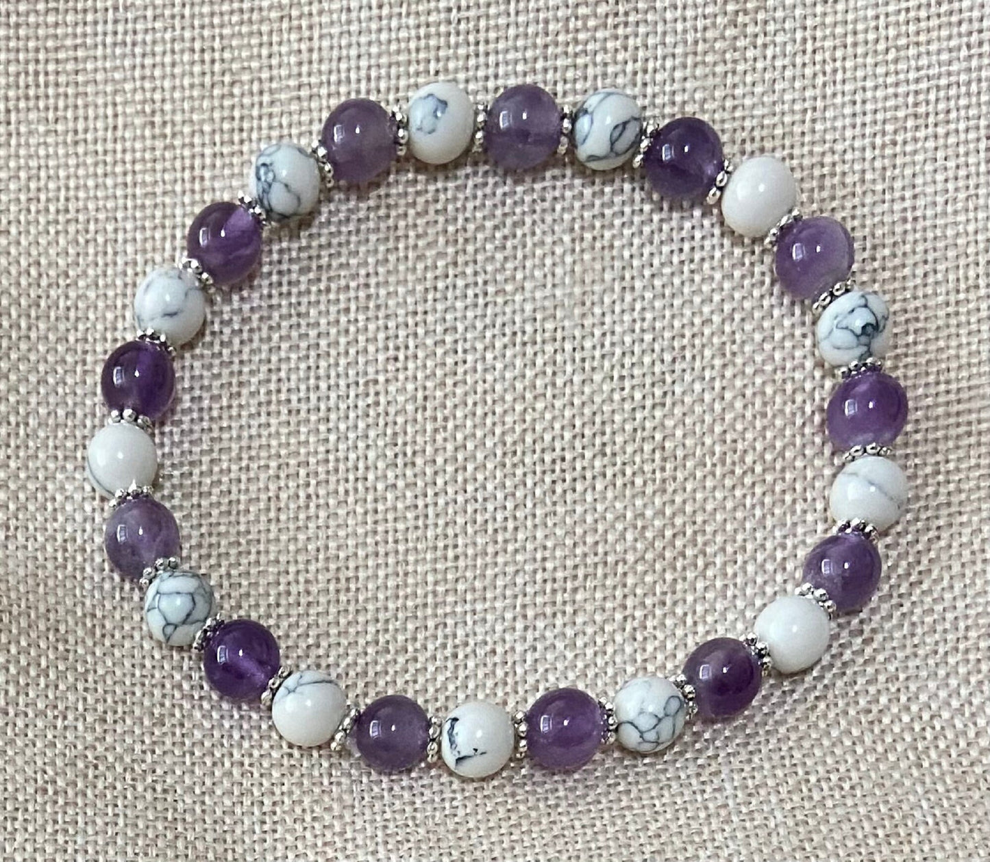 Amethyst and Howlite Bracelet, handmade 6mm genuine gemstone stretch beaded bracelet for spiritual healing and protection