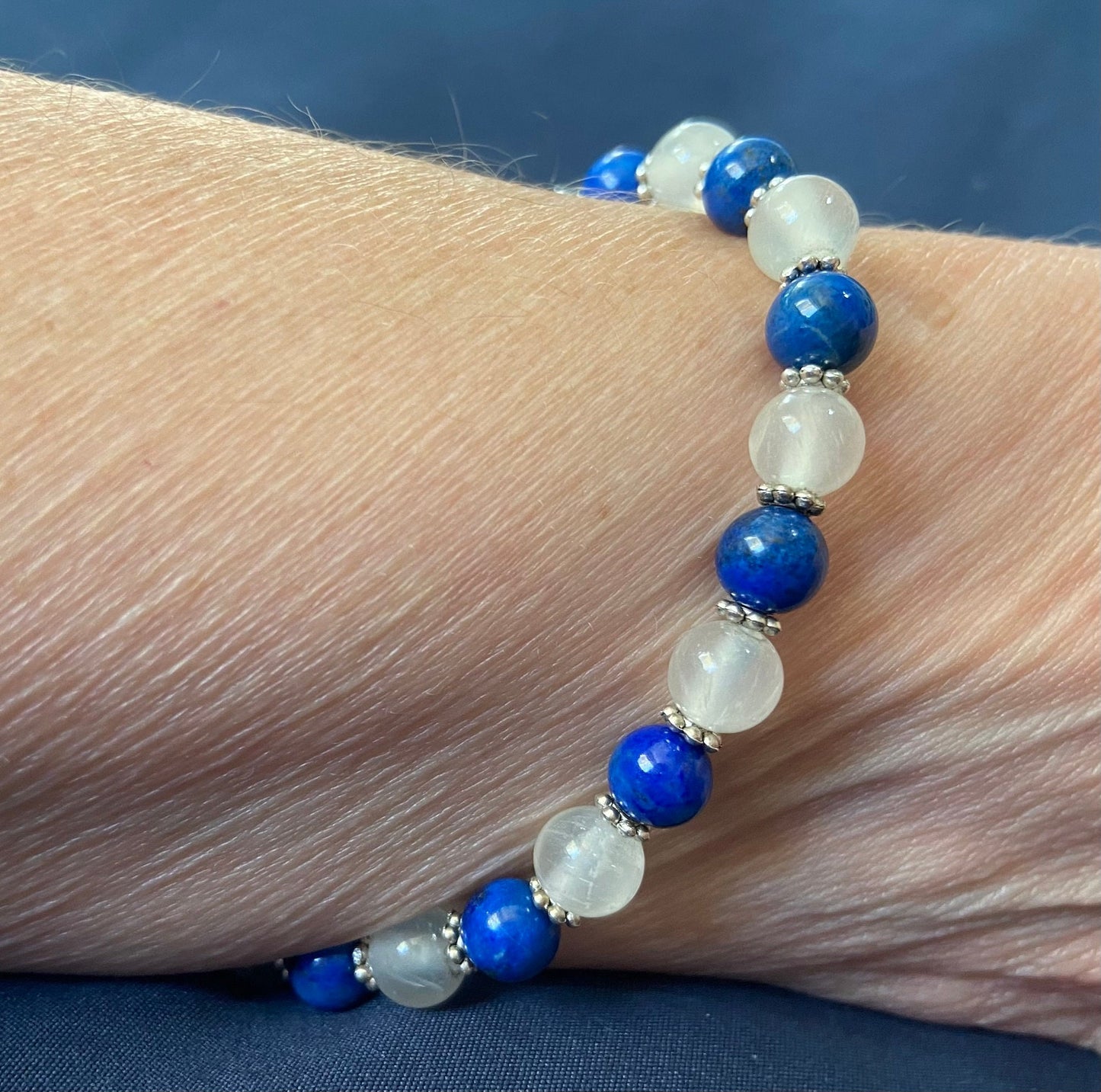Lapis Lazuli and Selenite Bracelet, handmade 6mm genuine gemstone stretch beaded bracelet for spiritual healing and protection