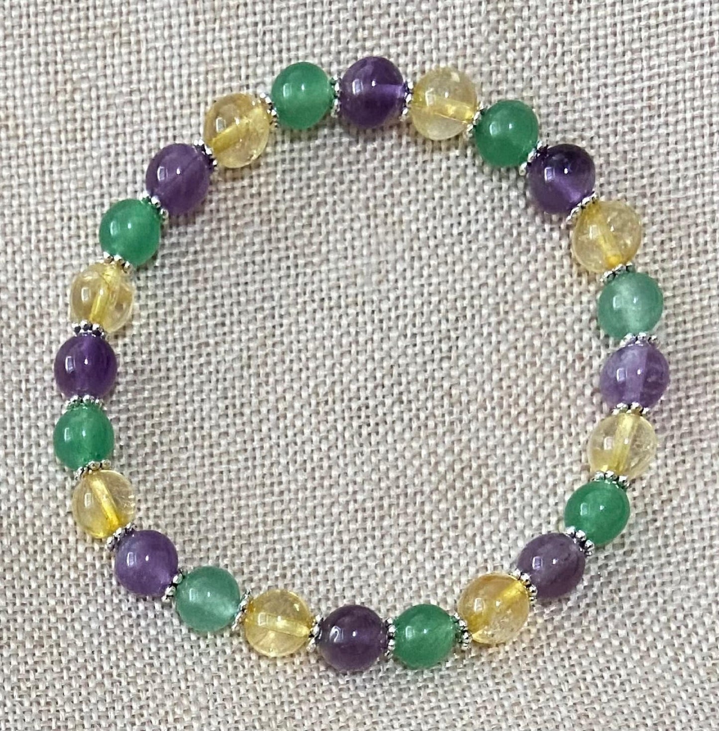 Mardi Gras Amethyst Citrine Green Aventurine Bracelet, handmade 6mm genuine gemstone stretch beaded bracelet spiritual healing protection