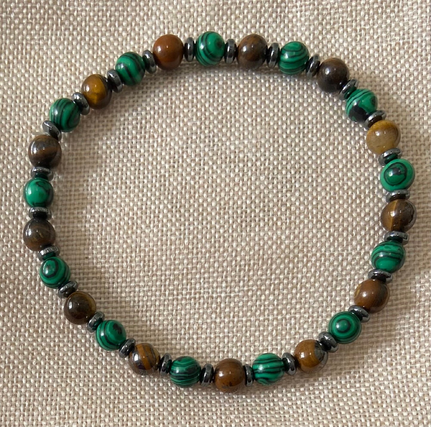 Malachite, Tiger Eye and Hematite Bracelet, handmade 6mm genuine gemstone stretch beaded bracelet for spiritual protection
