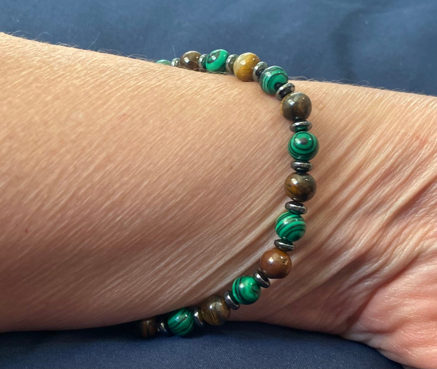 Malachite, Tiger Eye and Hematite Bracelet, handmade 6mm genuine gemstone stretch beaded bracelet for spiritual protection