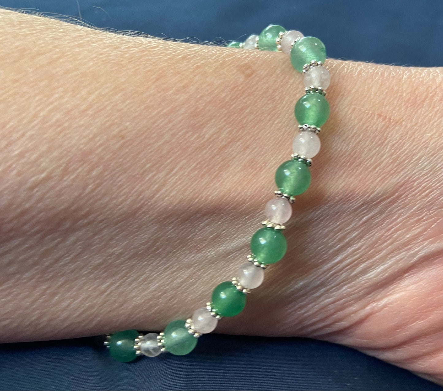 Green Aventurine and Rose Quartz Bracelet, handmade genuine gemstone stretch beaded bracelet for spiritual protection