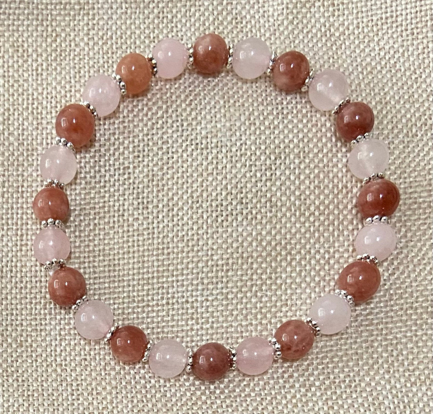 Sunstone and Rose Quartz Bracelet, handmade 6mm genuine gemstone stretch beaded bracelet for spiritual healing and protection