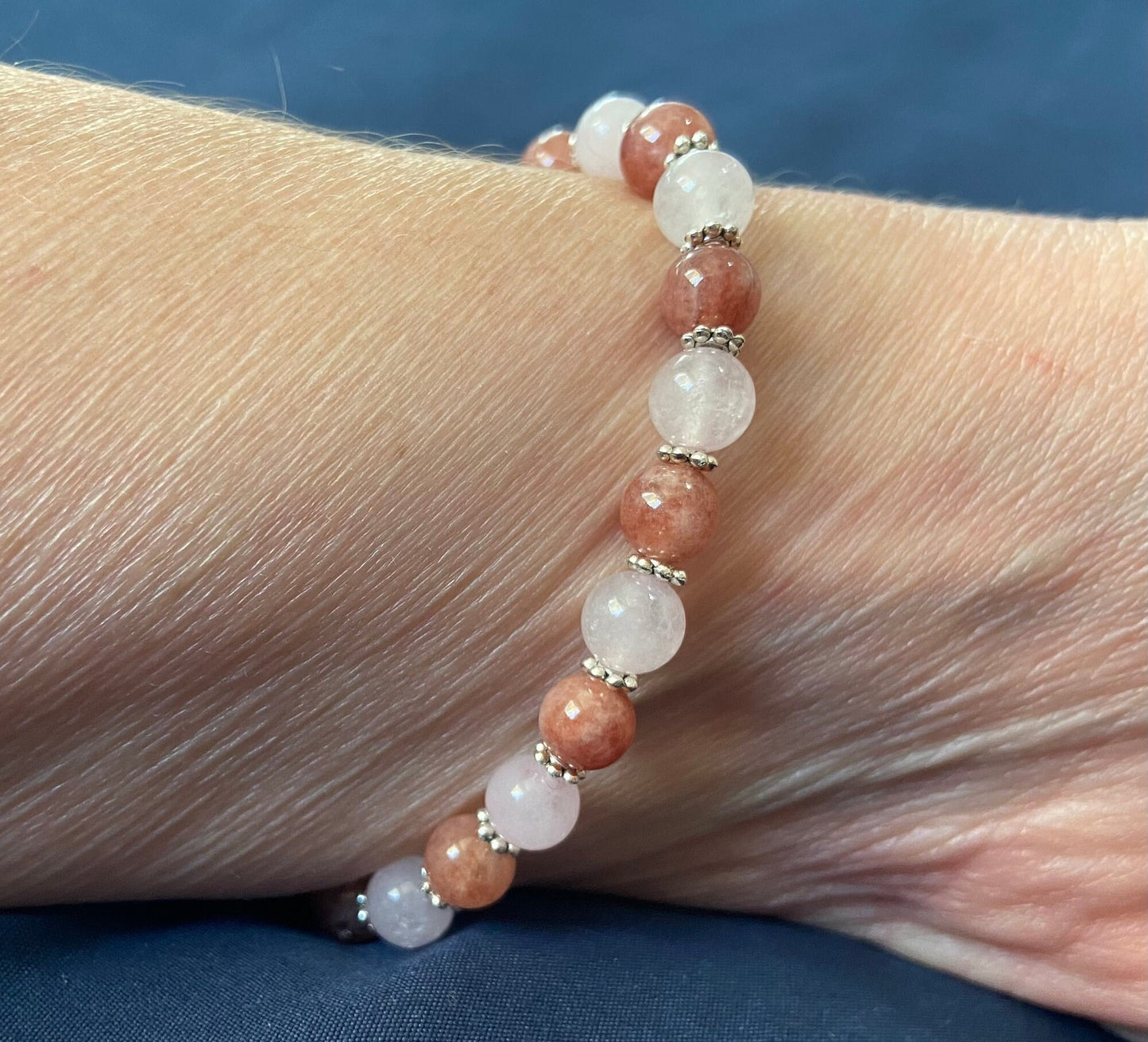 Sunstone and Rose Quartz Bracelet, handmade 6mm genuine gemstone stretch beaded bracelet for spiritual healing and protection