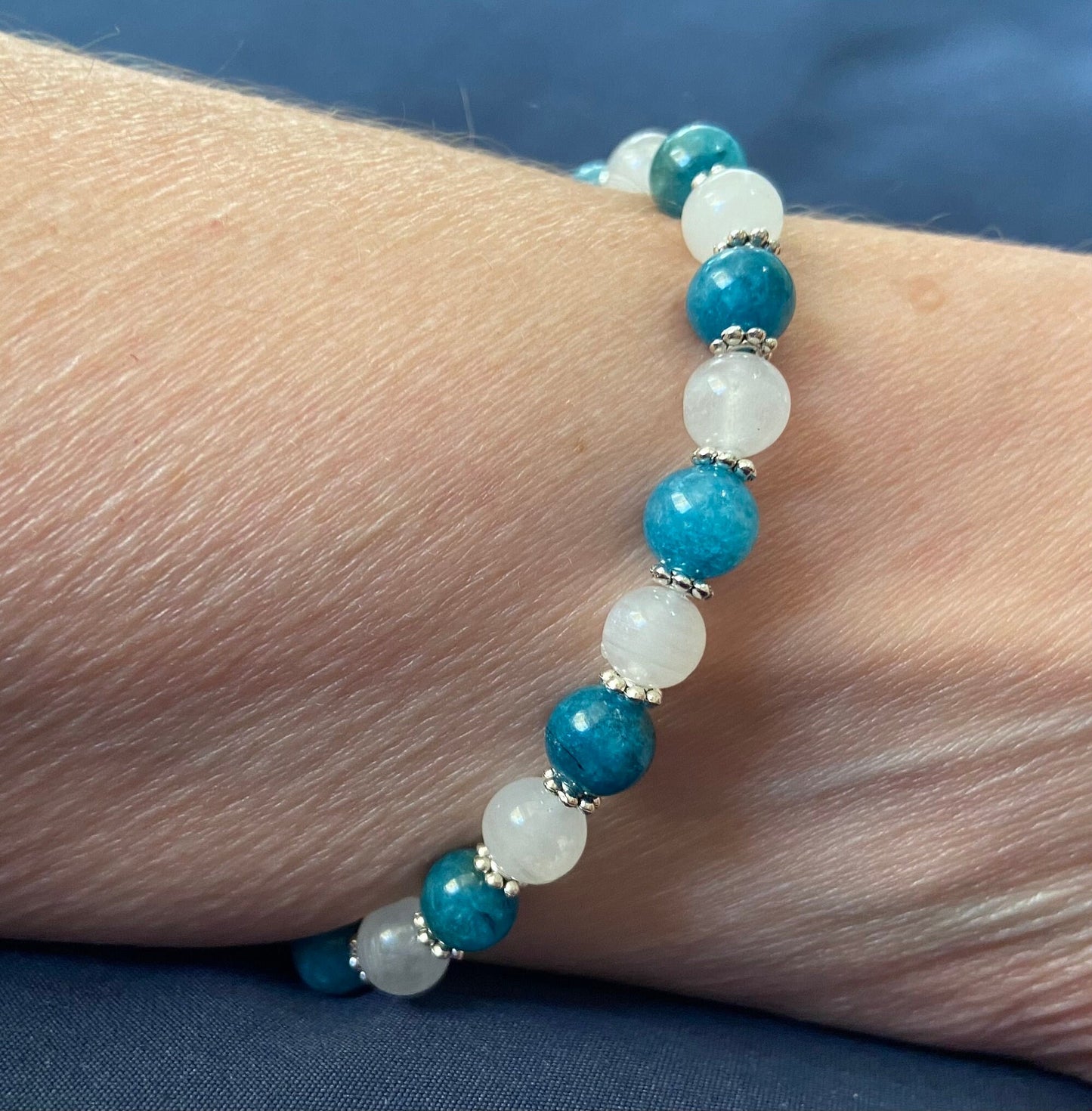 Apatite and Blue Flash Moonstone Bracelet, handmade 6mm genuine gemstone stretch beaded bracelet for spiritual healing and protection