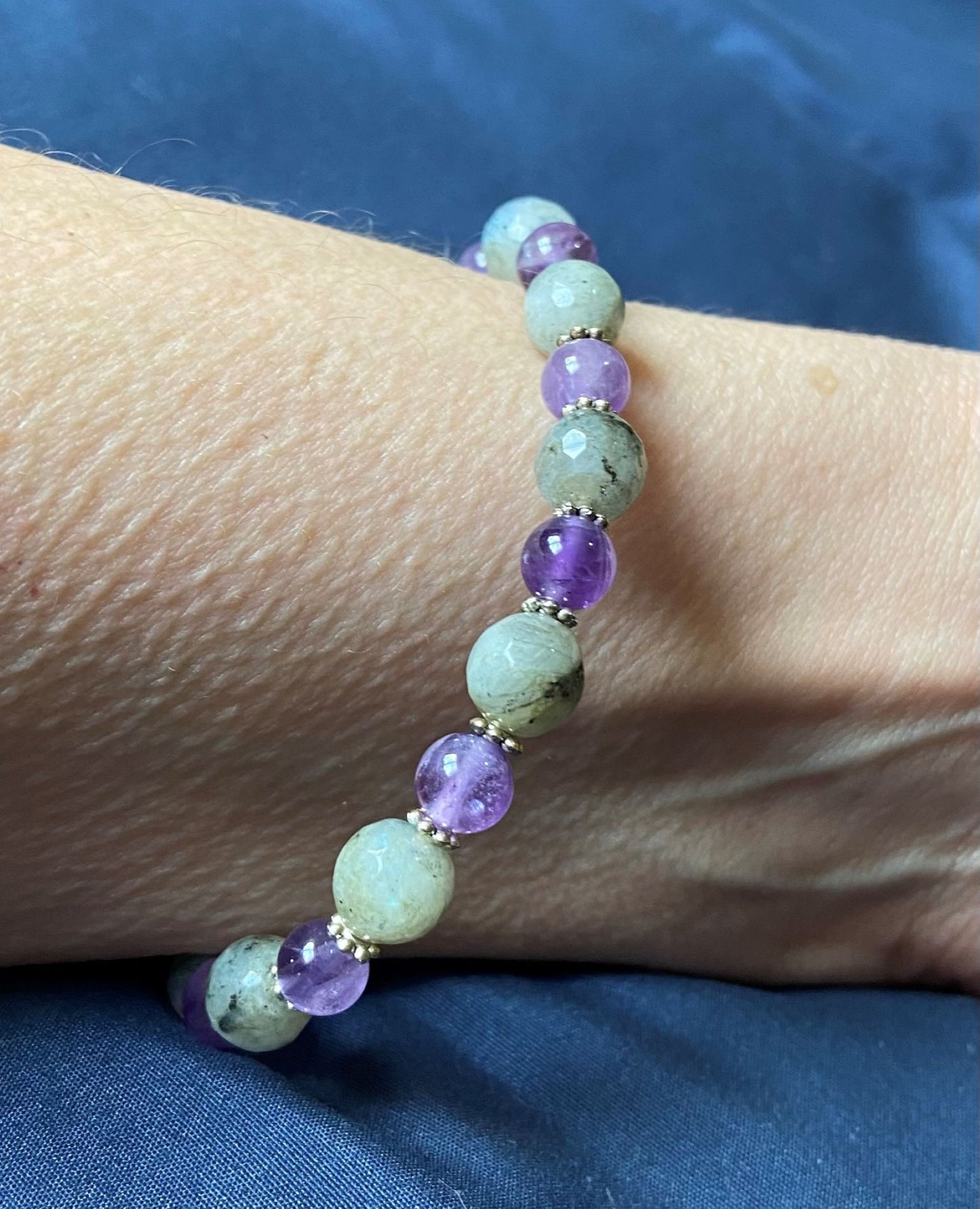 Amethyst and Labradorite Bracelet, handmade genuine gemstone stretch beaded bracelet for spiritual healing and protection