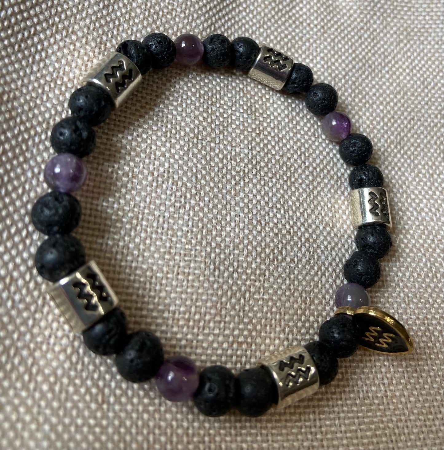 Aquarius Zodiac 6mm Charm Bracelet Handmade with Genuine Semiprecious Garnet or Amethyst Birthstone stretch beaded horoscope