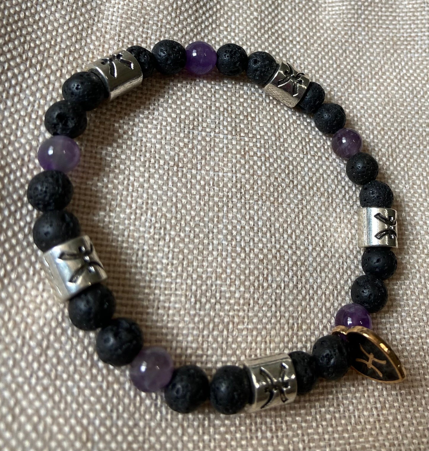Pisces Zodiac 6mm Charm Bracelet Handmade with Genuine Semiprecious Amethyst or Aquamarine Birthstone stretch beaded horoscope