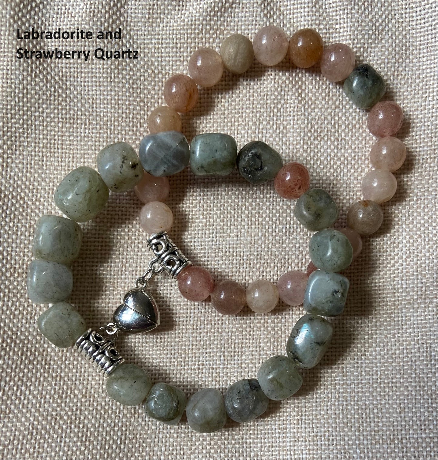 Semiprecious 8mm Labradorite Strawberry Quartz Friendship Heart Clasp Bracelet, handmade genuine crystal gemstone stretch beaded