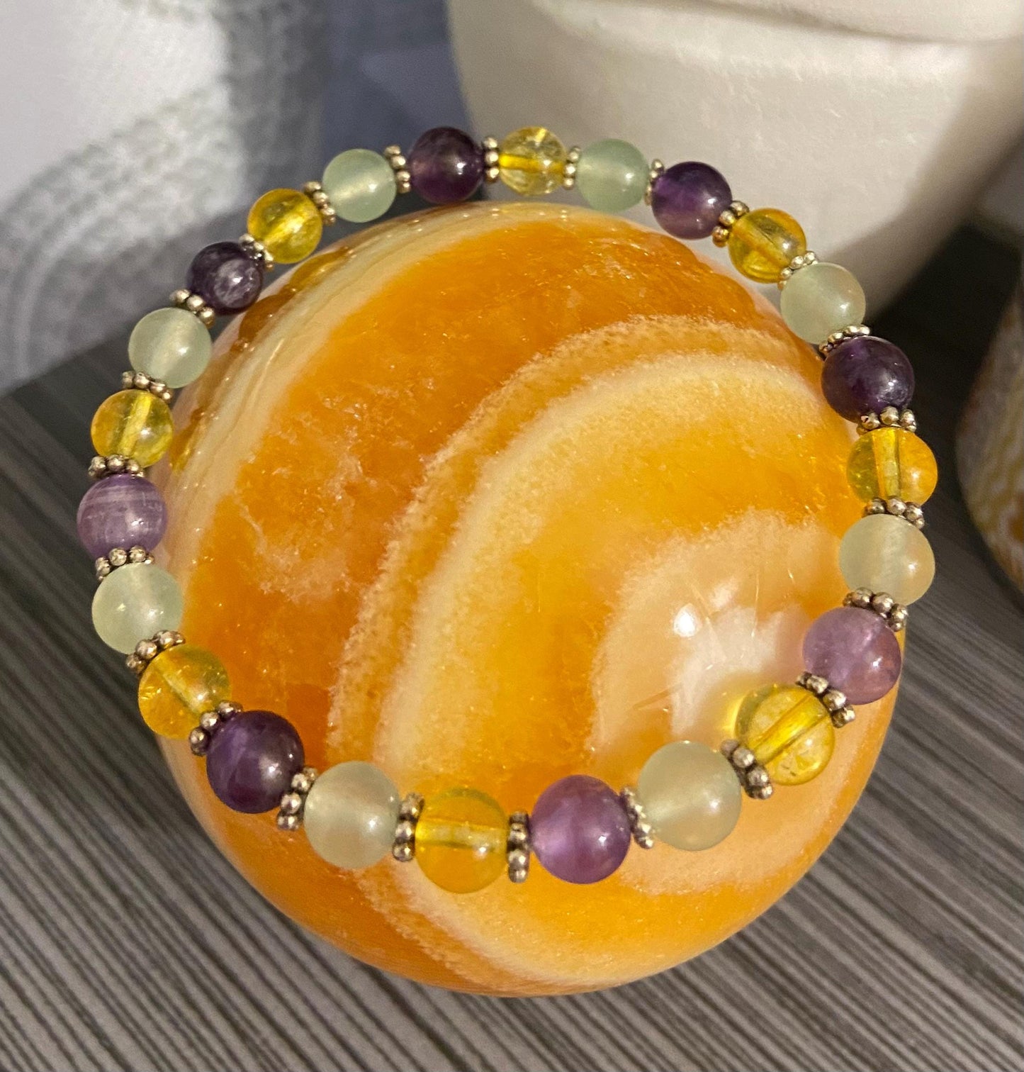 Mardi Gras Amethyst Citrine Green Aventurine Bracelet, handmade 6mm genuine gemstone stretch beaded bracelet spiritual healing protection