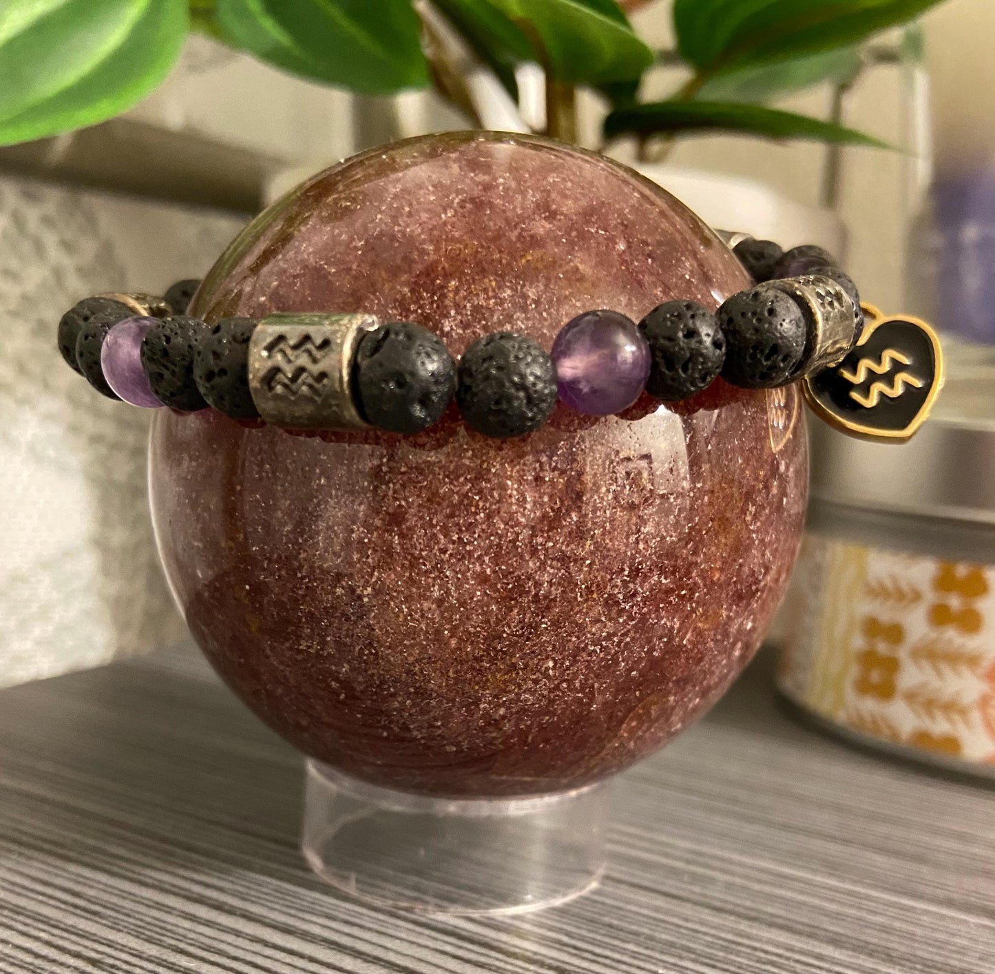 Aquarius Zodiac 6mm Charm Bracelet Handmade with Genuine Semiprecious Garnet or Amethyst Birthstone stretch beaded horoscope