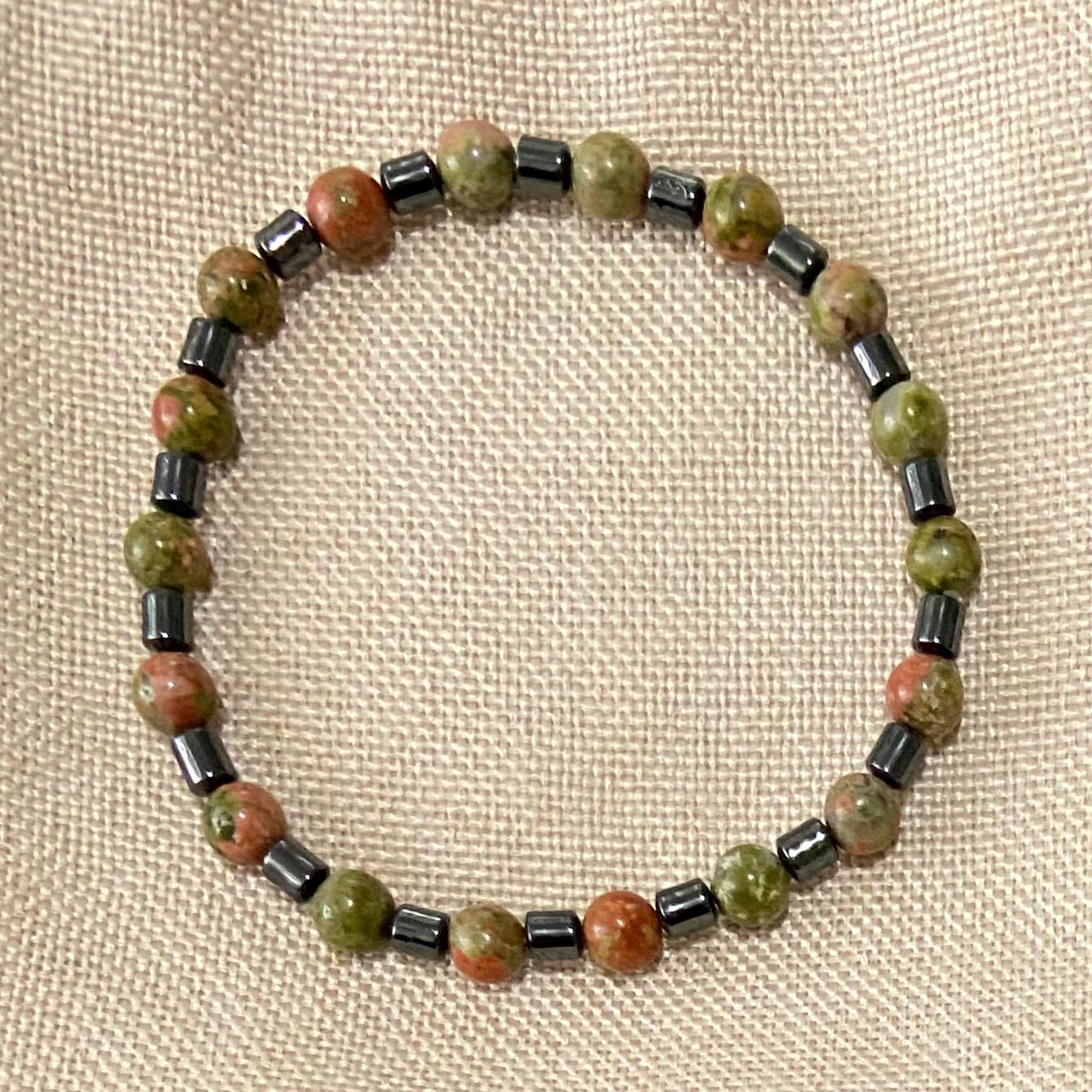 Unakite and Hematite Bracelet, handmade 6mm genuine gemstone stretch beaded bracelet for spiritual healing and protection