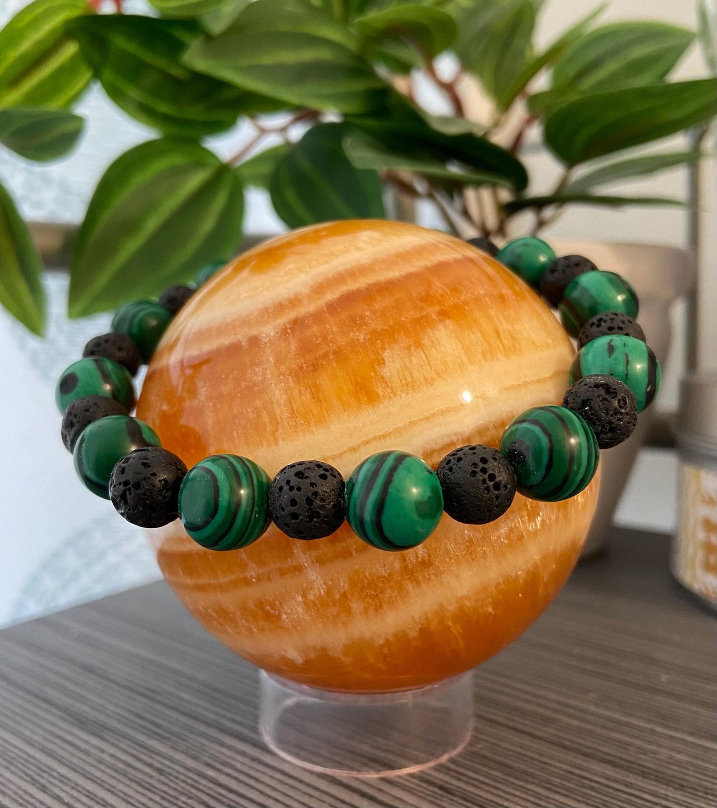 Malachite and Lava Stone Bracelet, handmade genuine gemstone stretch beaded bracelet for spiritual protection
