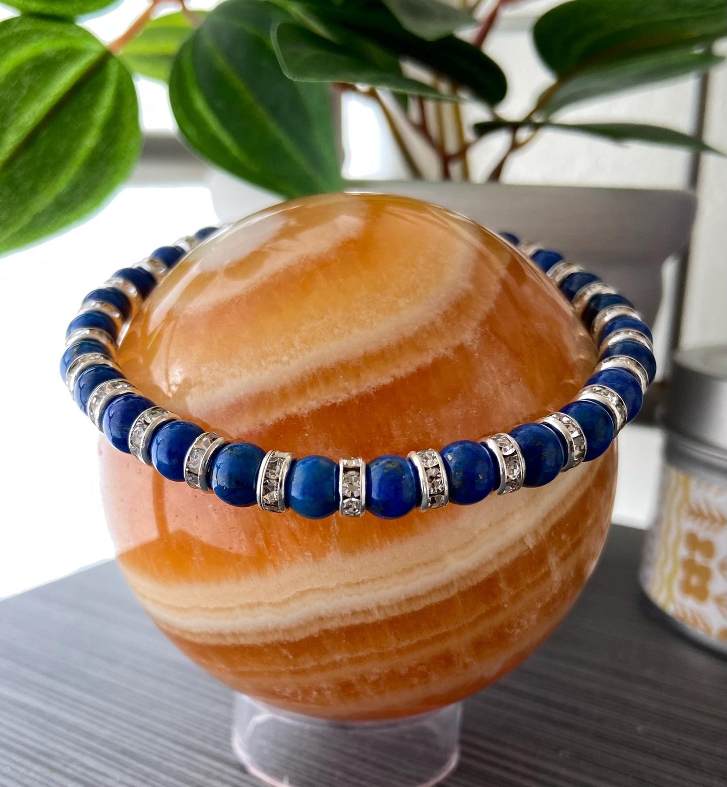 Lapis Lazuli and Crystal Rondelle Bracelet, handmade 6mm genuine gemstone stretch beaded bracelet for spiritual healing and protection