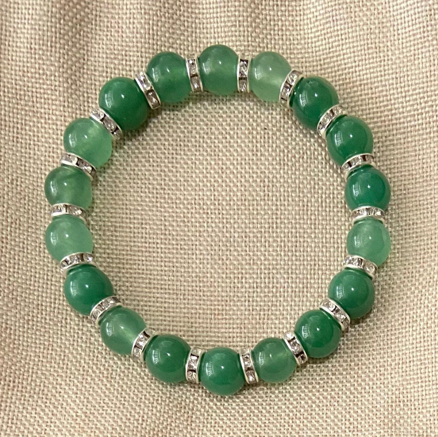 Green Aventurine and Crystal Rondelle Bracelet, handmade 10mm genuine gemstone stretch beaded bracelet for spiritual healing and protection
