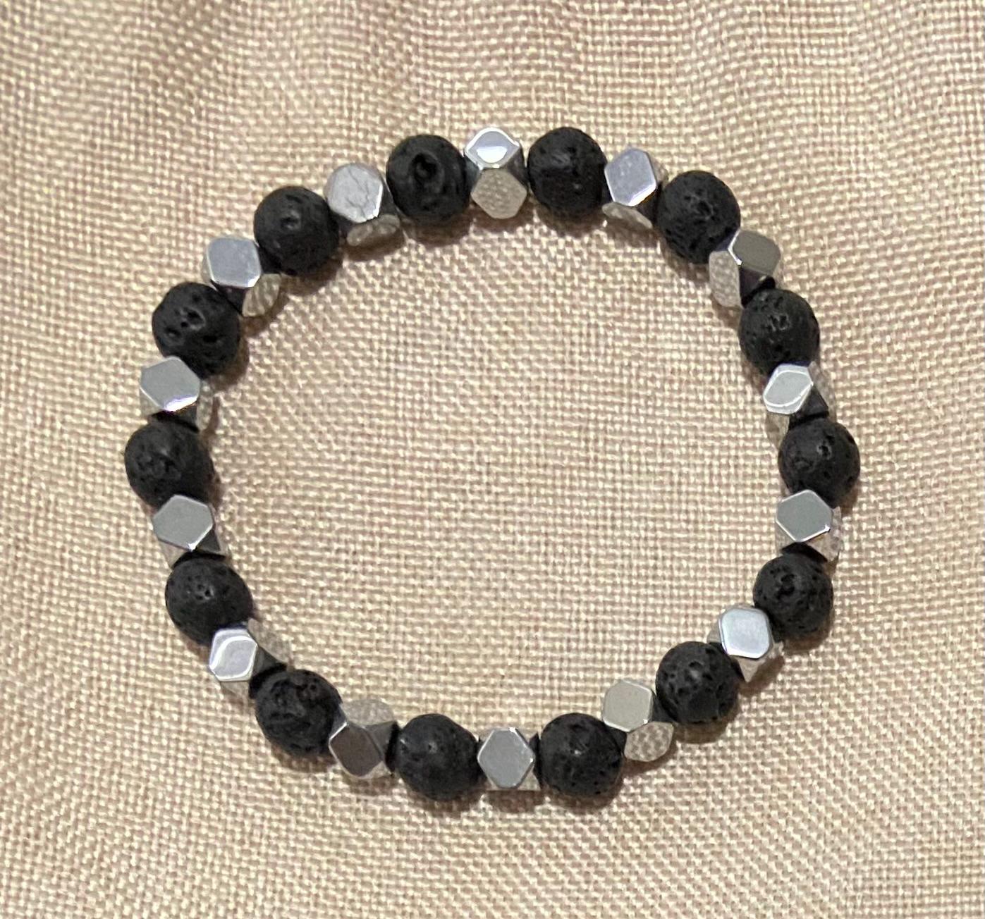 Lava Stone and Hematite Bracelet, handmade genuine gemstone stretch beaded bracelet for spiritual protection