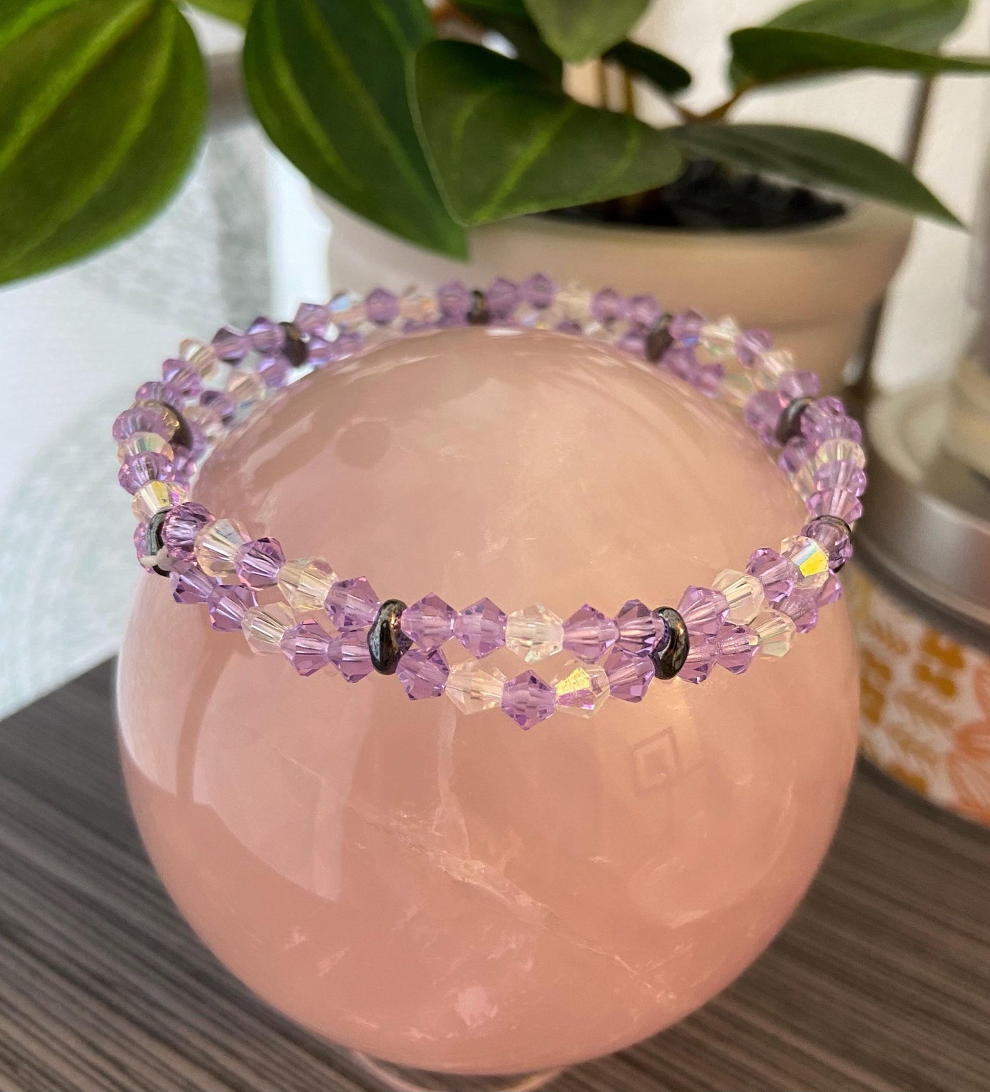 Genuine Czech Crystal Violet AB and Clear 4mm Bicone Double Loop Bracelet, handmade stretch bead for spiritual healing and protection