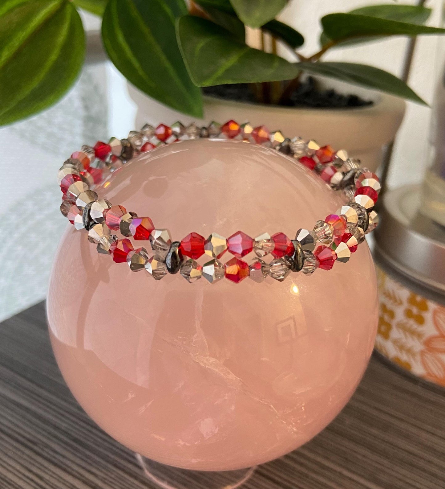 Genuine Czech Crystal Labrador Halfcoat and Ruby 4mm Bicone Double Loop Bracelet, handmade stretch bead for spiritual healing and protection