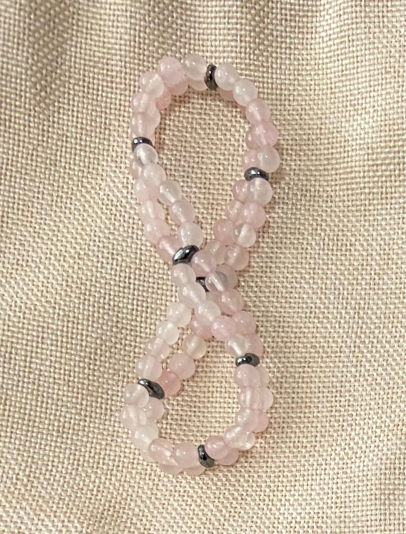 Genuine Rose Quartz Double Loop Bracelet, handmade 4mm gemstone hematite glass stretch beaded bracelet for spiritual healing and protection