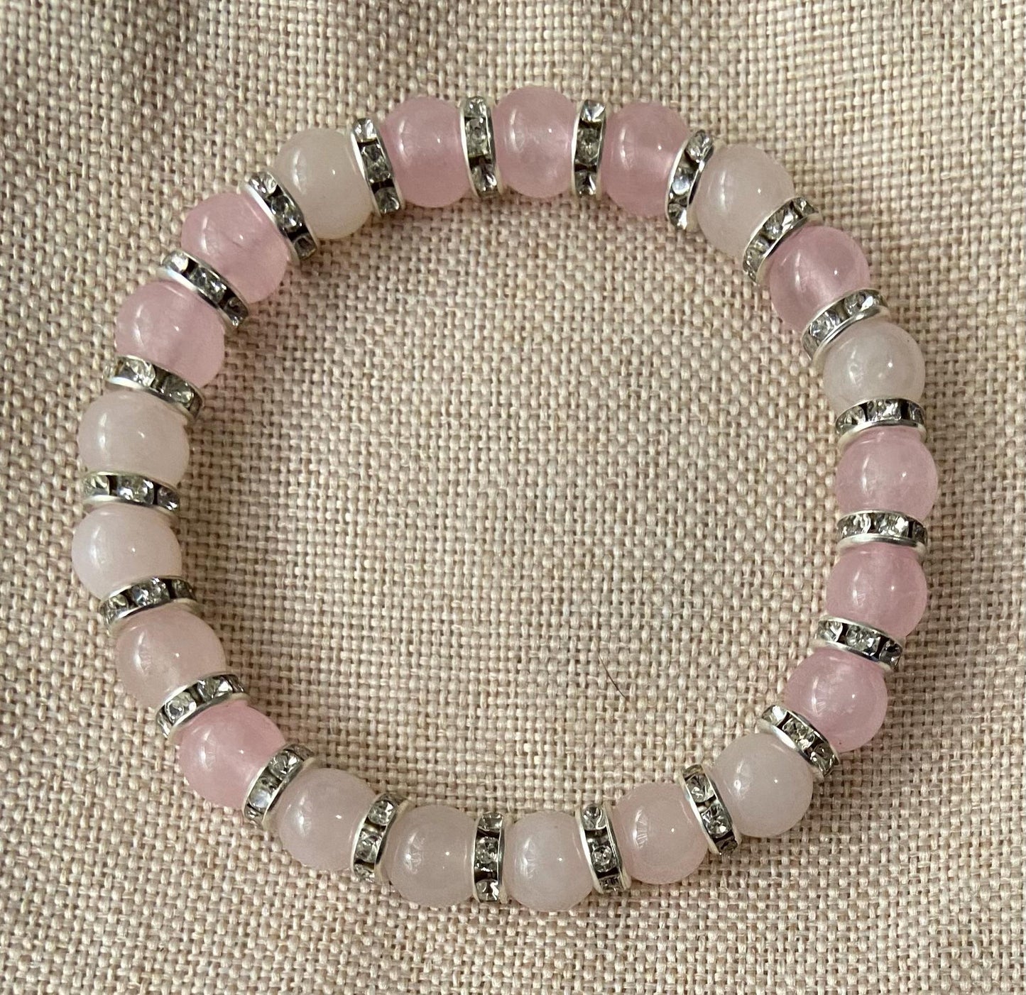 Rose Quartz and Crystal Rondelle Bracelet, handmade 8mm genuine gemstone stretch beaded bracelet for spiritual healing and protection