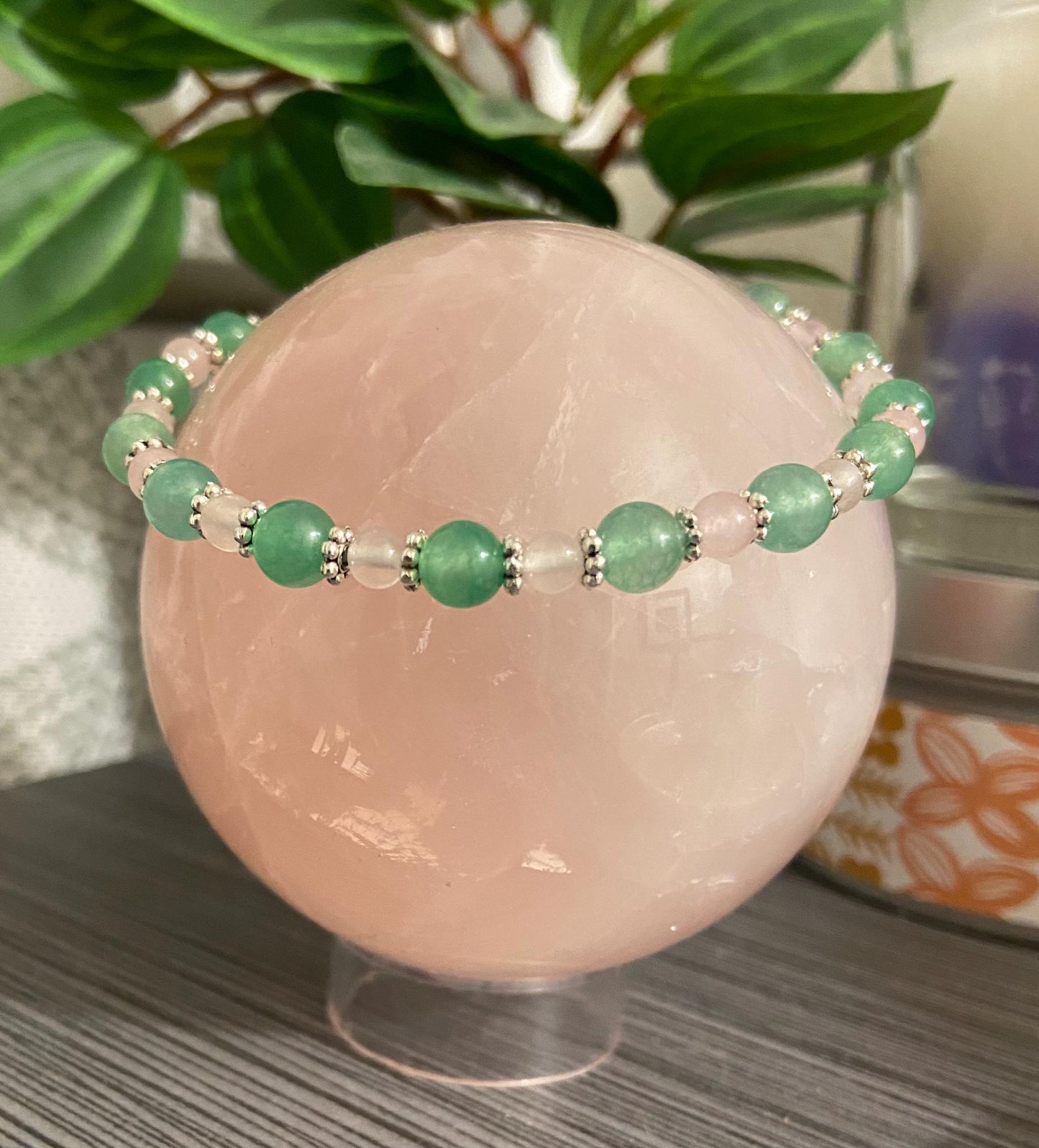 Green Aventurine and Rose Quartz Bracelet, handmade genuine gemstone stretch beaded bracelet for spiritual protection