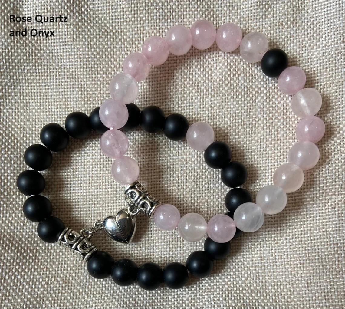 Semiprecious 8mm Rose Quartz Onyx Friendship Heart Clasp Bracelet, handmade genuine crystal gemstone stretch beaded