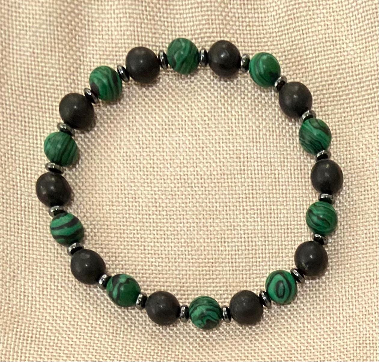 Malachite, Shungite and Hematite Bracelet, handmade 8mm genuine gemstone stretch beaded bracelet for spiritual protection