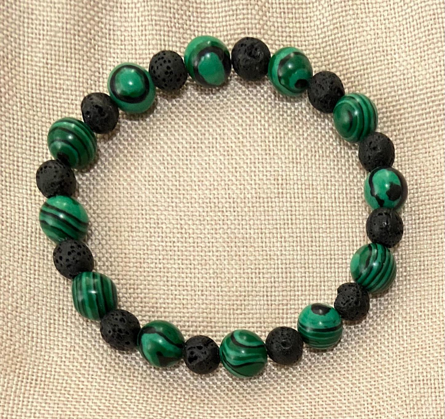 Malachite and Lava Stone Bracelet, handmade genuine gemstone stretch beaded bracelet for spiritual protection