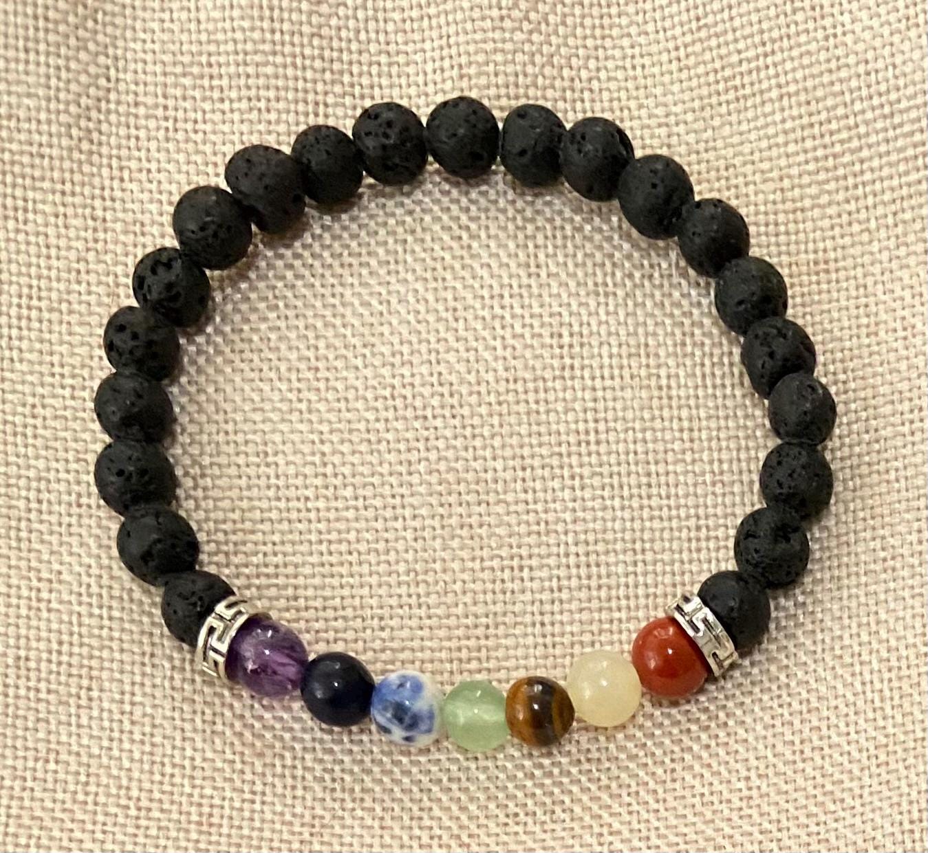 Chakra 6mm Semiprecious Lava Stone Bracelet, handmade genuine gemstone stretch beaded bracelet spiritual healing protection