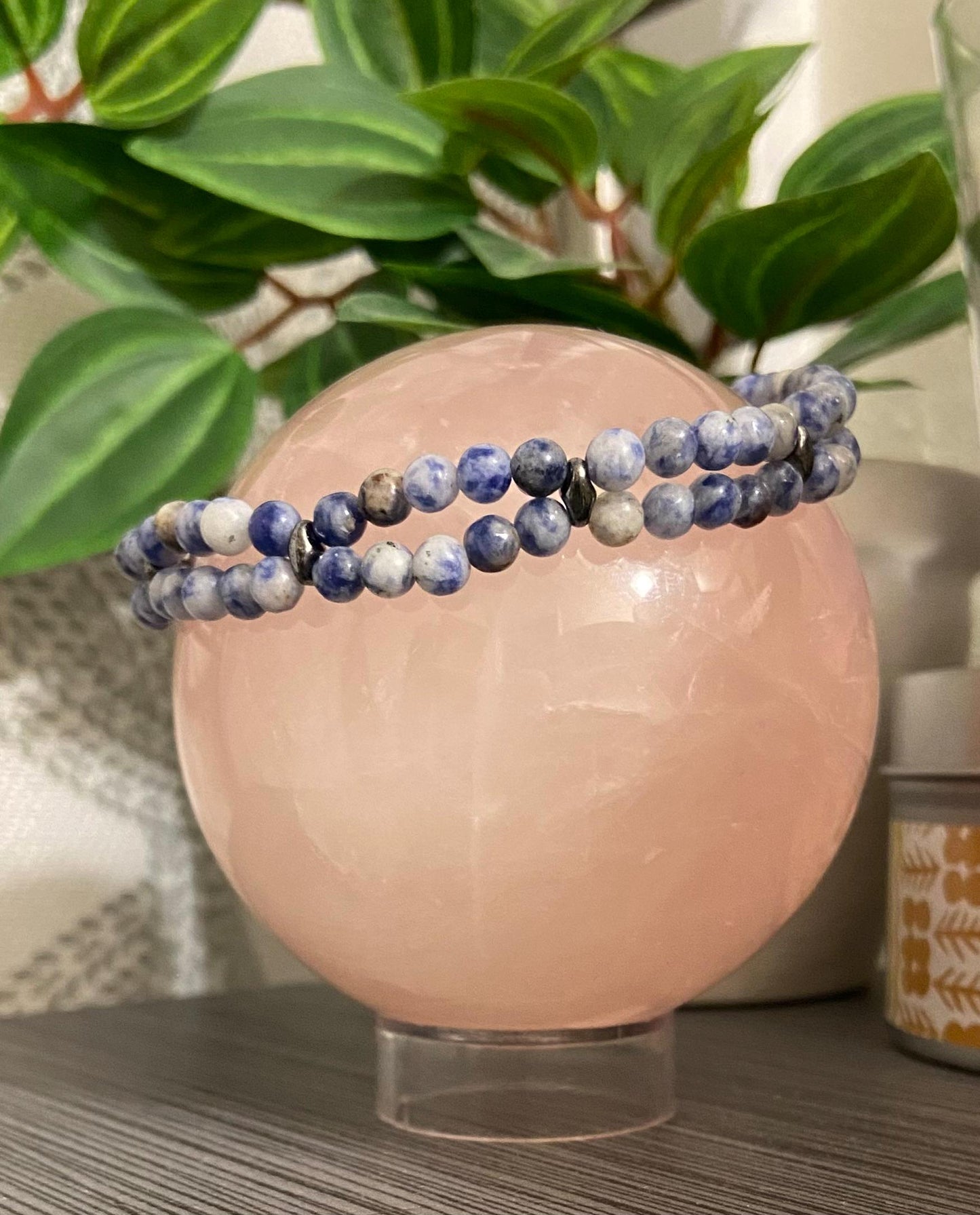 Genuine Sodalite Double Loop Bracelet, handmade 4mm gemstone hematite glass stretch beaded bracelet for spiritual healing and protection