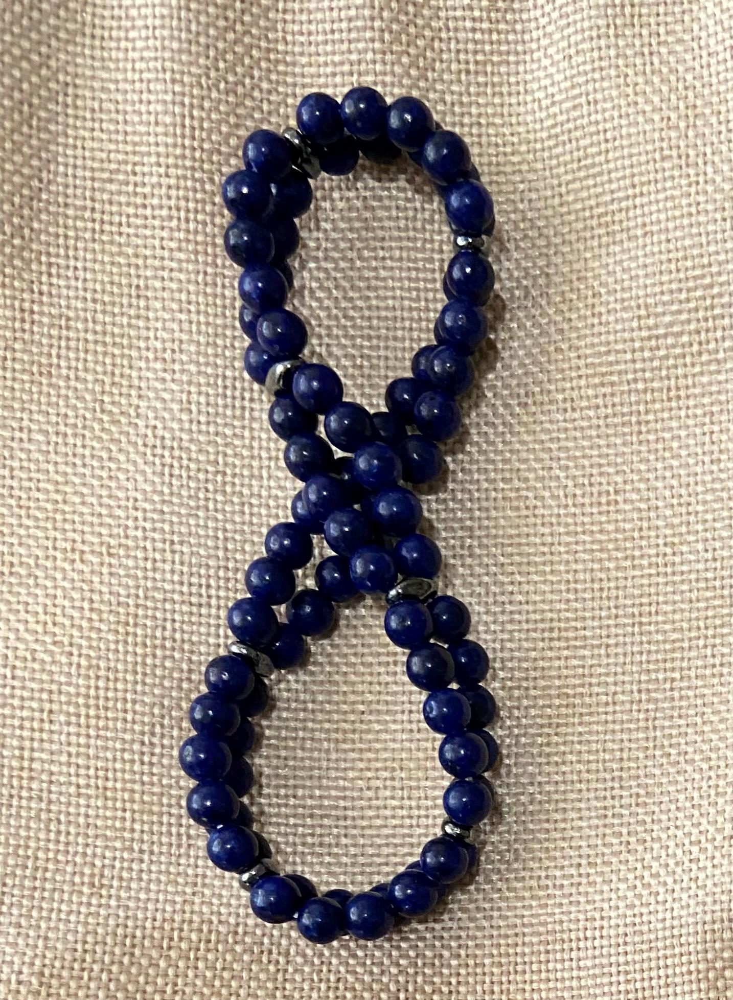 Genuine Lapis Lazuli Double Loop Bracelet, handmade 4mm gemstone hematite glass stretch beaded bracelet for spiritual healing and protection