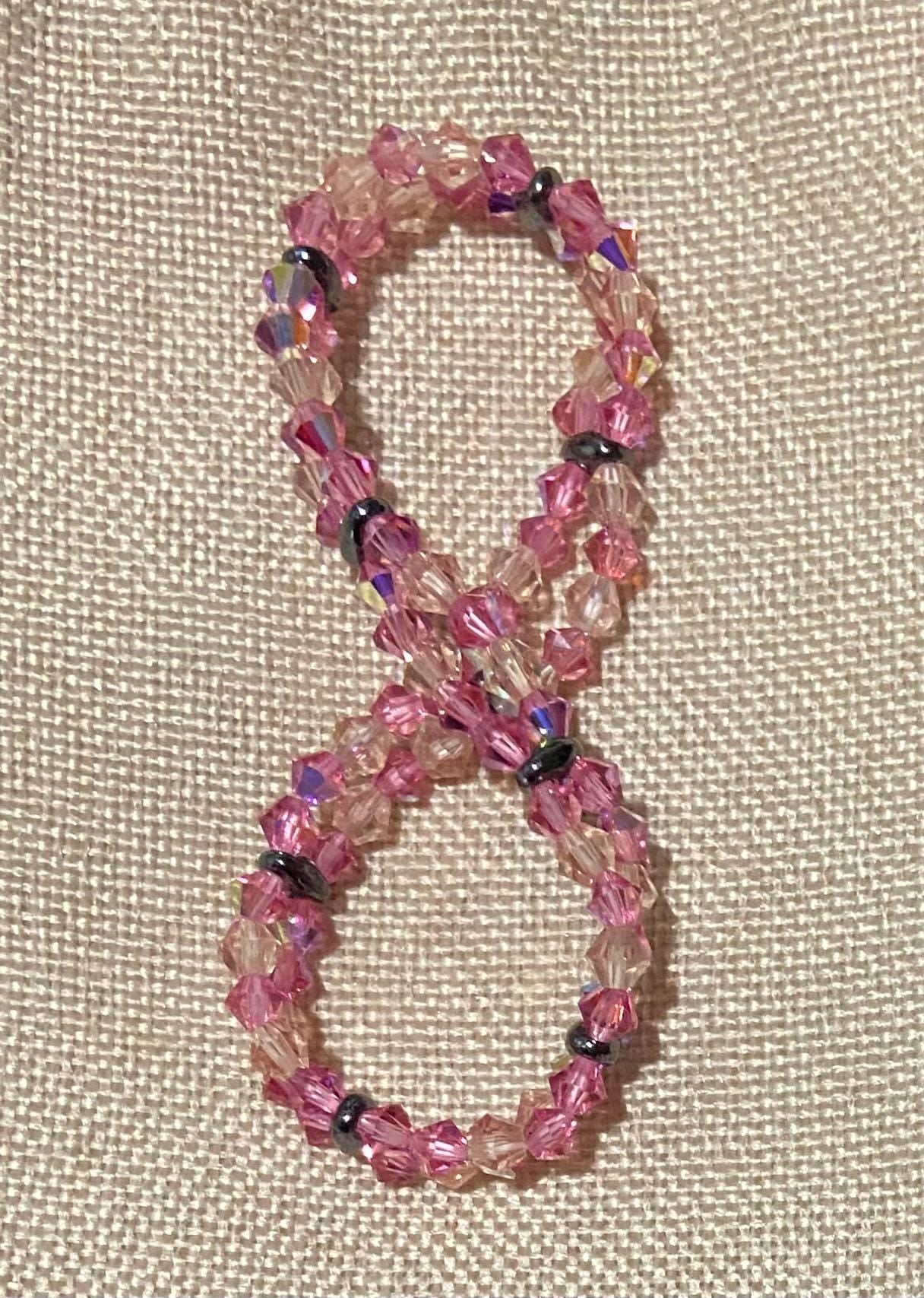 Genuine Czech Crystal Rose AB and Pink 4mm Bicone Double Loop Bracelet, handmade stretch bead for spiritual healing and protection