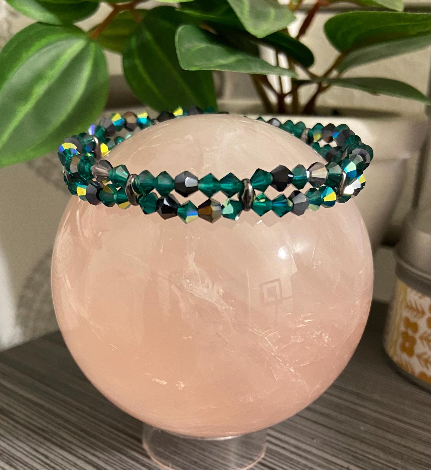 Genuine Czech Crystal Emerald AB and Charcoal 4mm Bicone Double Loop Bracelet, handmade stretch bead for spiritual healing and protection