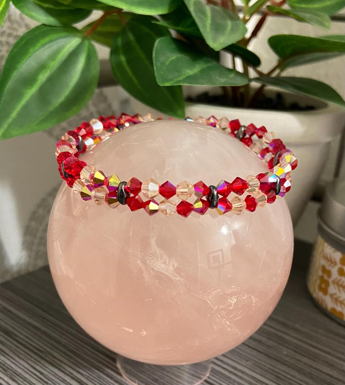 Genuine Czech Ruby and Pink 4mm Bicone Double Loop Bracelet, handmade stretch bead for spiritual healing and protection