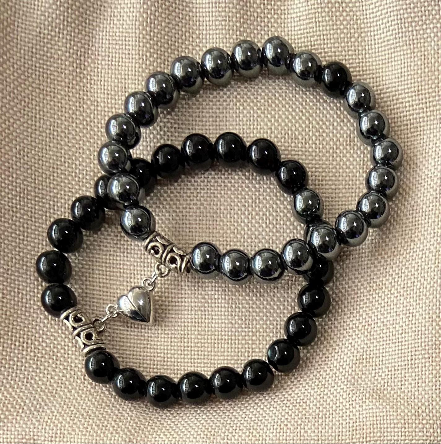 Semiprecious 8mm Hematite Obsidian Friendship Heart Clasp Bracelet, handmade genuine crystal gemstone stretch beaded