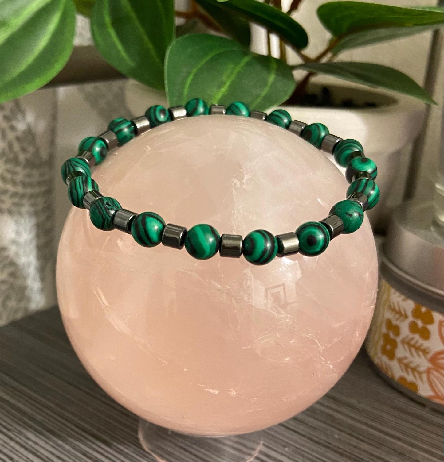 Malachite and Hematite Bracelet, handmade 6mm genuine gemstone stretch beaded bracelet for spiritual healing and protection