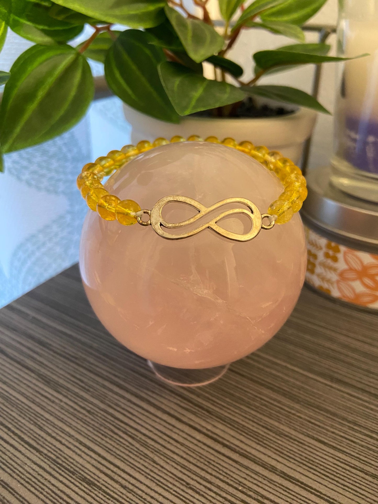 Citrine Infinity Glass Crystal 6mm Bracelet, handmade stretch beaded bracelet spiritual healing protection