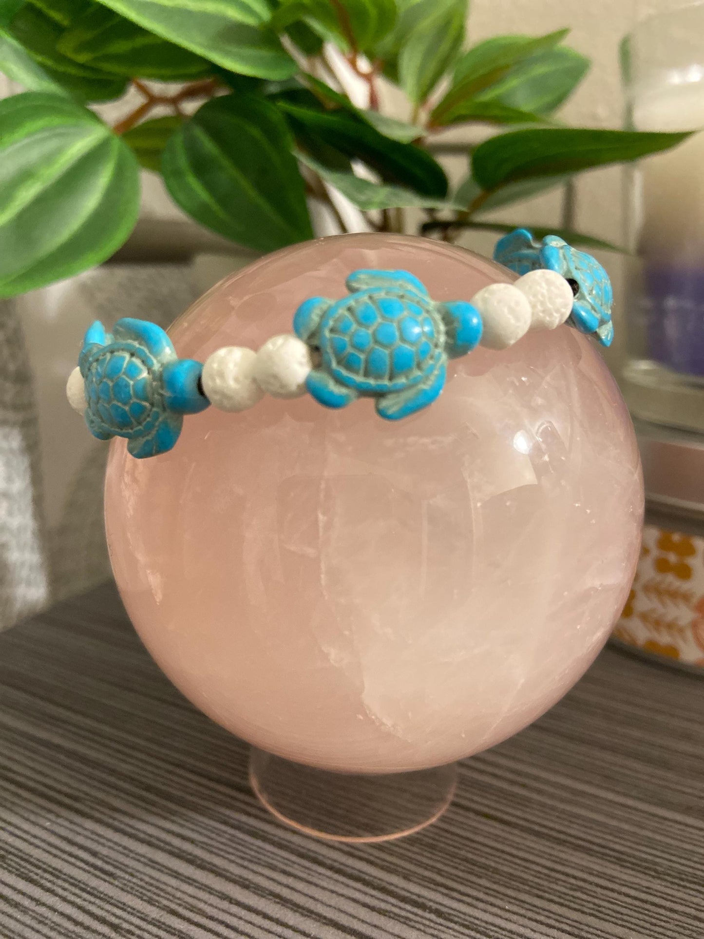 Semiprecious 18mm Howlite Turtle 6mm Lava Stone bracelet, handmade genuine crystal gemstone stretch beaded spiritual healing protection