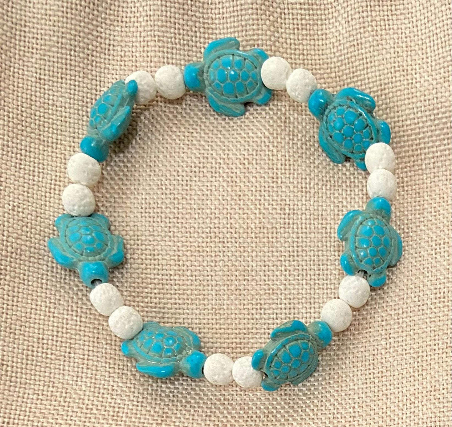 Semiprecious 18mm Howlite Turtle 6mm Lava Stone bracelet, handmade genuine crystal gemstone stretch beaded spiritual healing protection