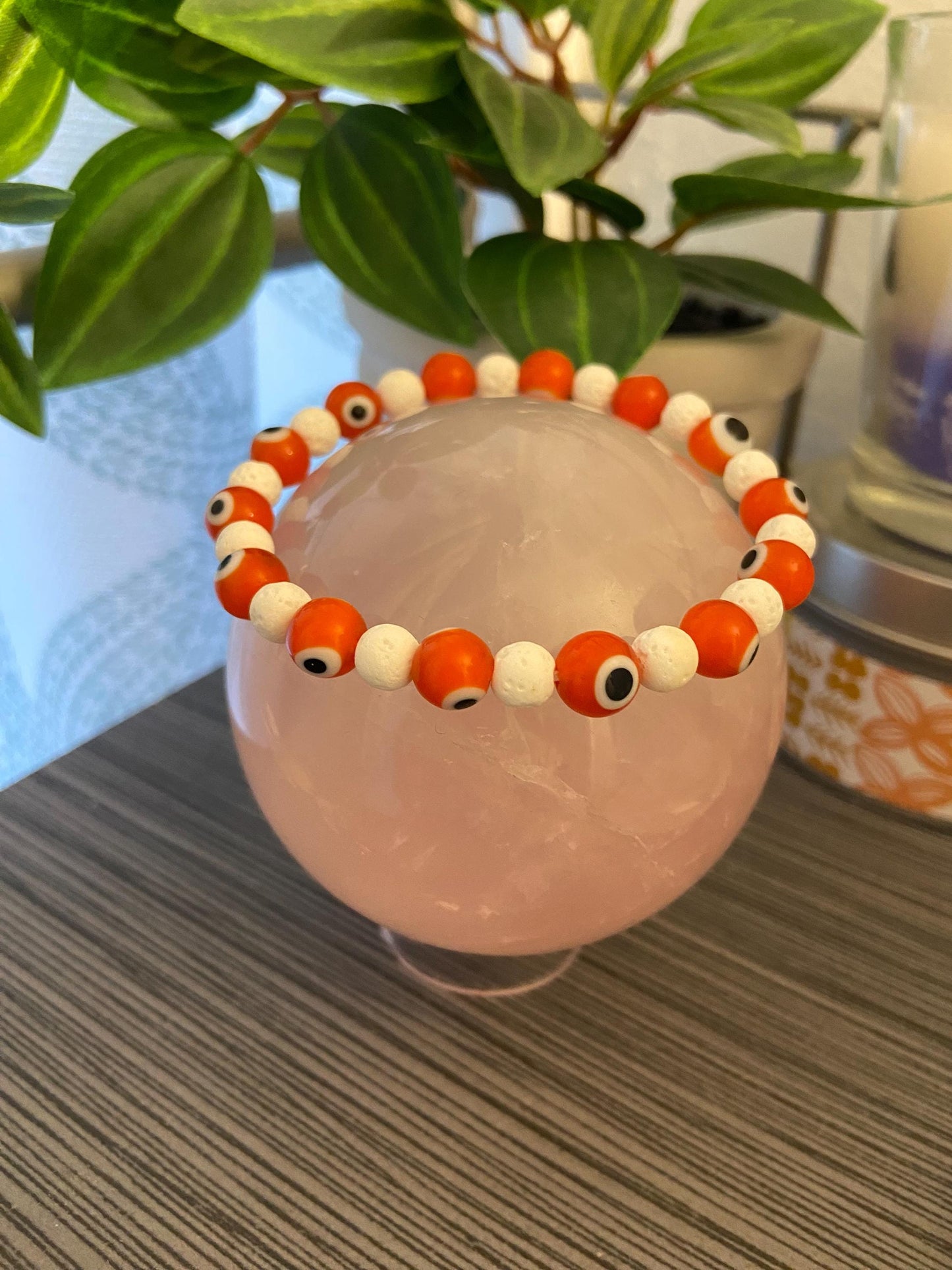 8mm Orange Glass Evil Eye and 6mm Genuine White Lava Stone Bracelet, handmade stretch beaded bracelet for spiritual healing protection