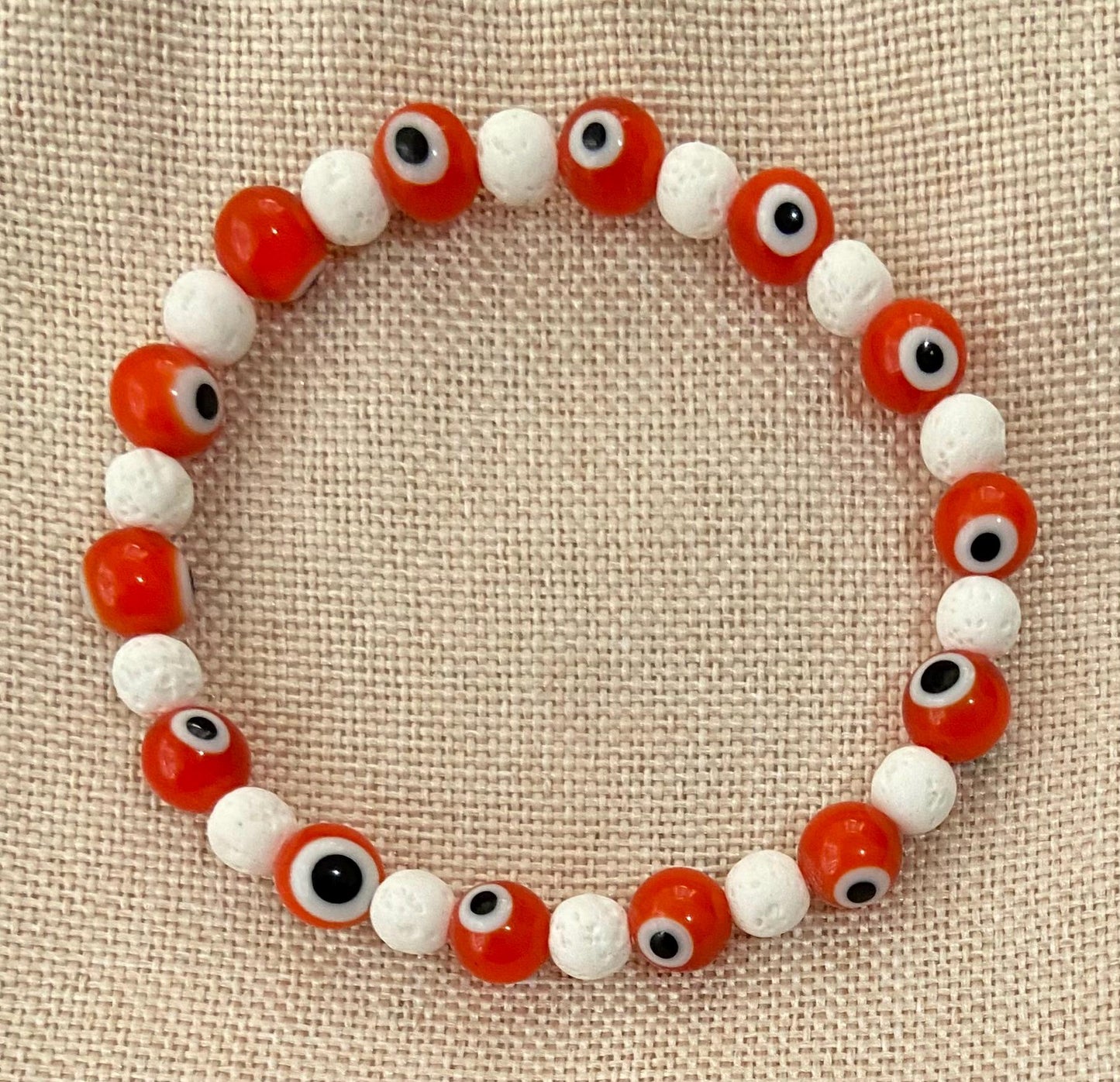8mm Orange Glass Evil Eye and 6mm Genuine White Lava Stone Bracelet, handmade stretch beaded bracelet for spiritual healing protection