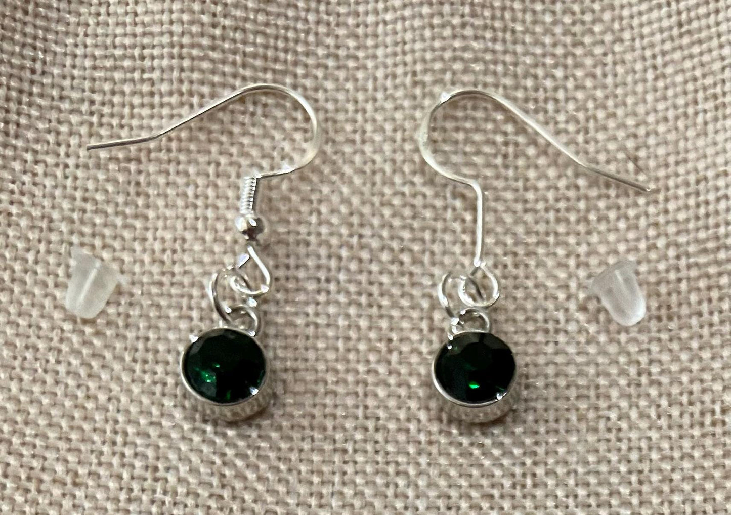 May Birthstone Charm Earrings 925 Sterling Silver Earring Hooks with Clear Silicone Backs
