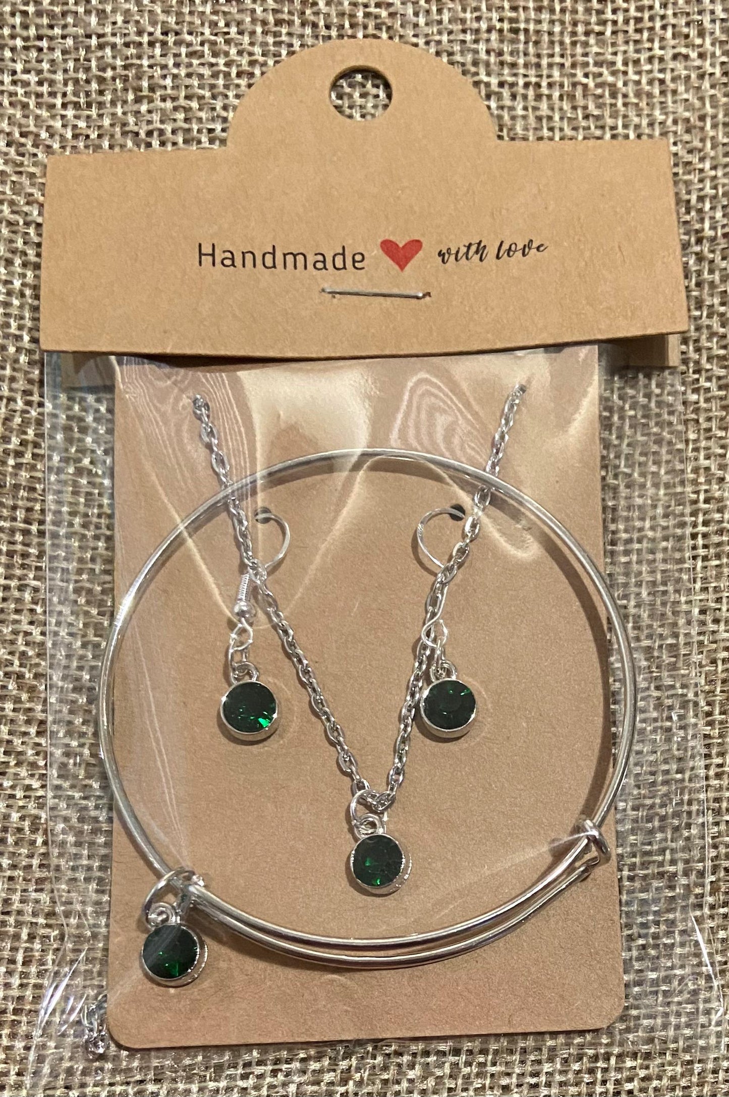 May Birthstone Charm Set: Includes Necklace, Earrings, and Bracelet, all Handmade with Love!
