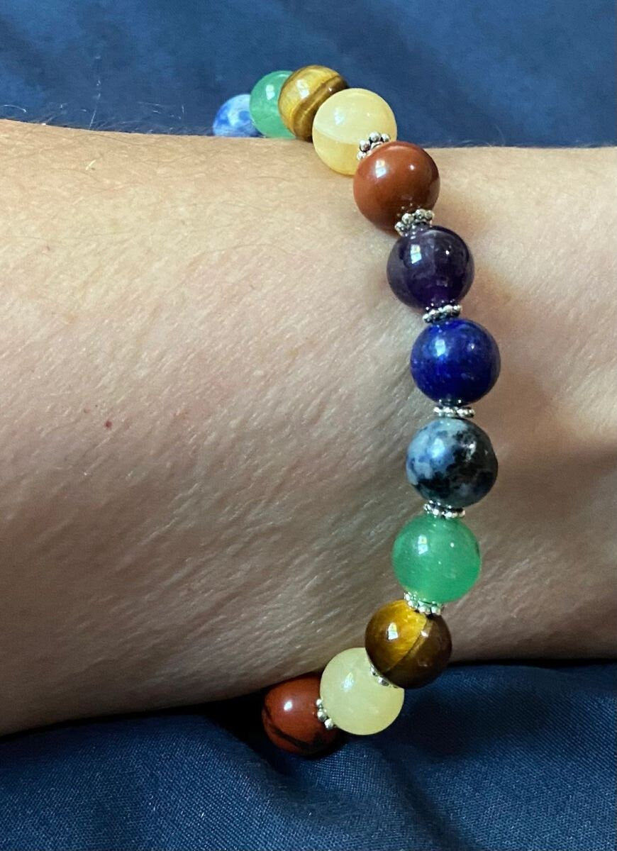 Chakra Semiprecious 8mm Stone Bracelet, handmade genuine gemstone stretch beaded bracelet spiritual healing protection