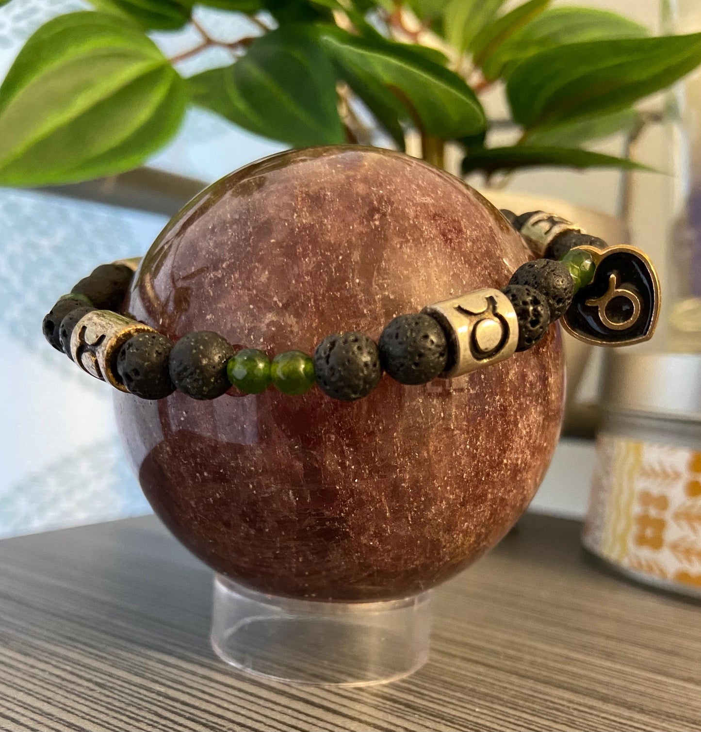Taurus Zodiac 6mm Charm Bracelet Handmade with Genuine Semiprecious Clear Quartz Crystal or Green Jade Birthstone stretch beaded horoscope