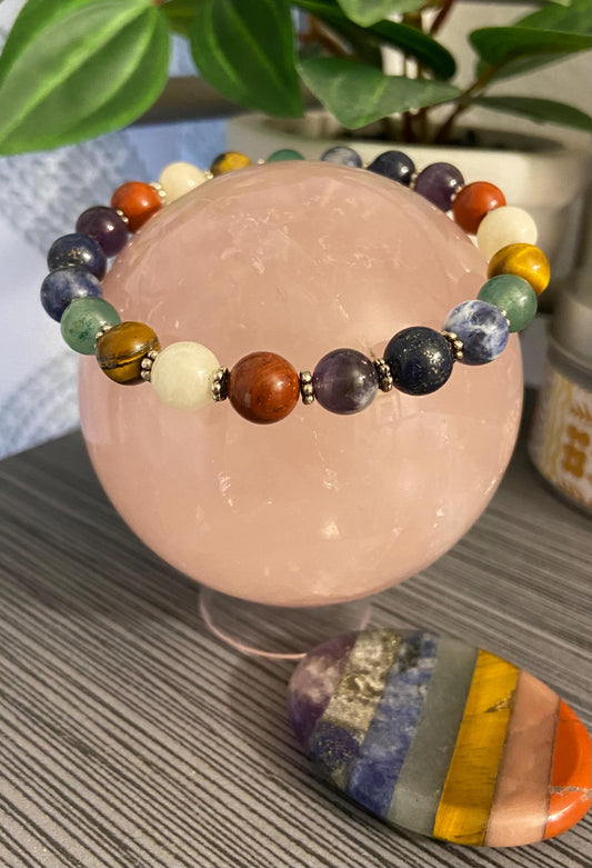 Chakra Semiprecious 8mm Stone Bracelet, handmade genuine gemstone stretch beaded bracelet spiritual healing protection
