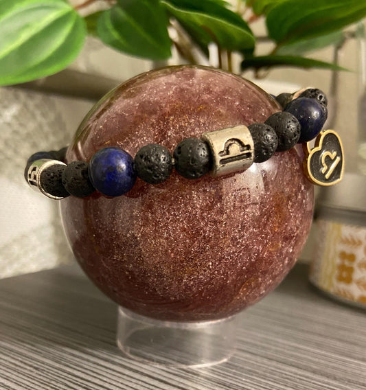 Libra Zodiac 6mm Charm Bracelet Handmade with Genuine Semiprecious Lapis Lazuli or Tourmaline Birthstone stretch beaded horoscope